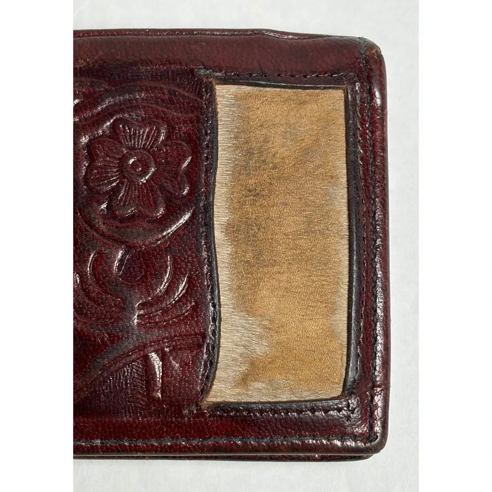 Vtg Mexican Tooled Leather Bifold Wallet‎ Cowboy Boot Hair-On Cowhide DAMAGED